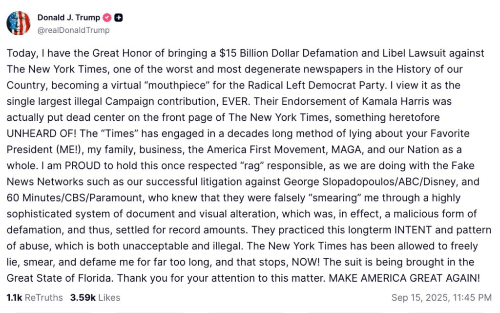 Trump sues New York Times